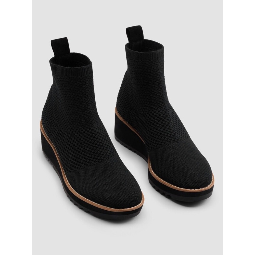 Eileen Fisher Black Stretch Knit Suede Wedge Ankle Sock Booties Lug Sole 8.5